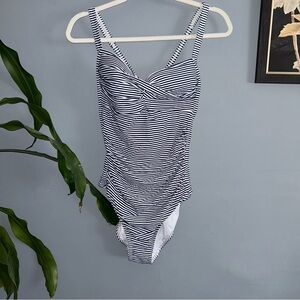 Niptuck Swim Striped Navy & White One-Piece Swimsuit Sz 12